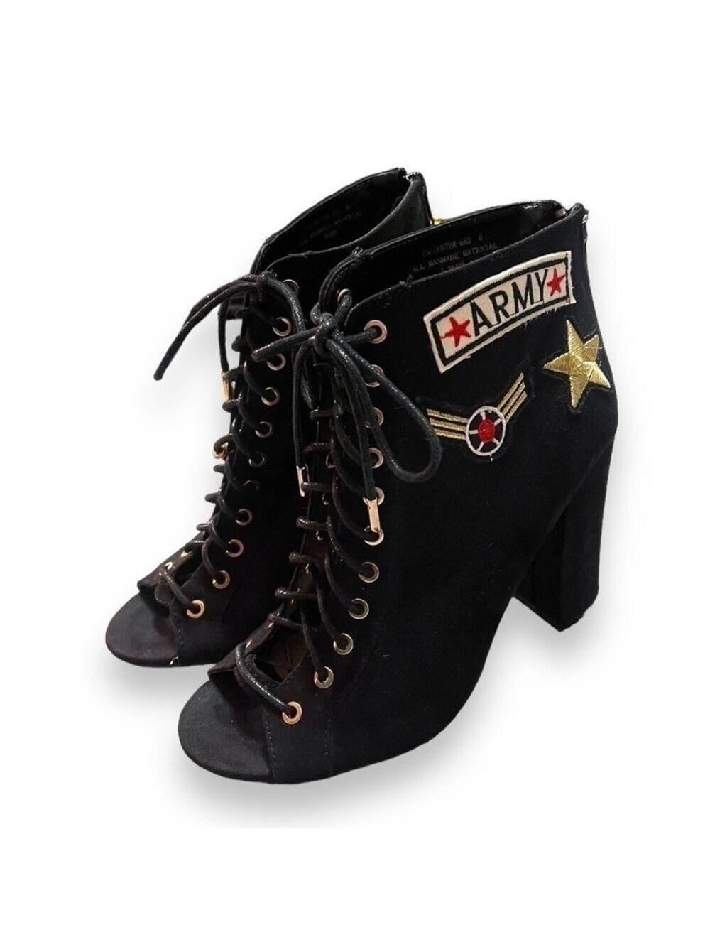 Army Black Open Toe Lace Up Booties with Army Patches Women’s Size 6US/36(EU)